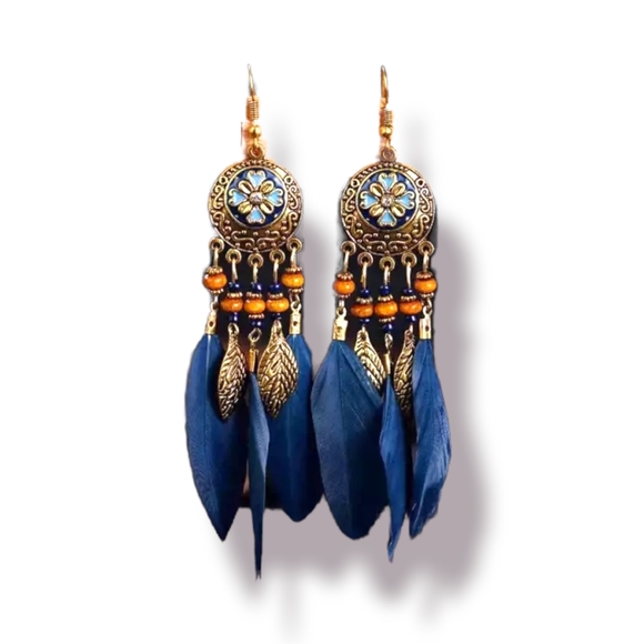 Hand Crafted Artsy Boho Long Blue Feather Leaves Beaded Dangle Drop Earrings - Picture 4 of 4